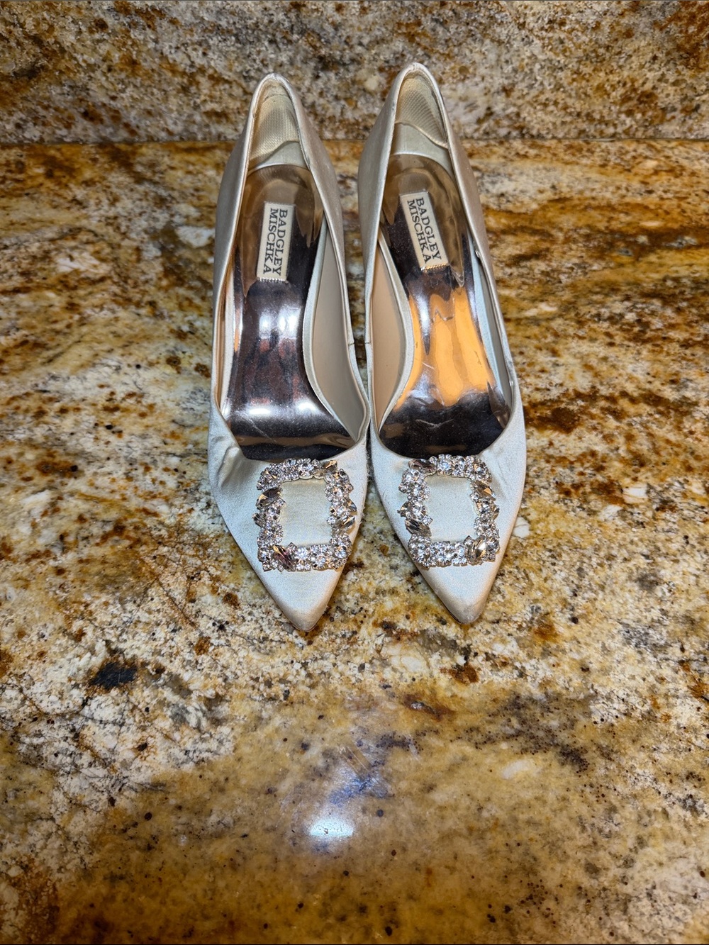 Badgley Mischka Ivory Satin Pointed Toe Embellished Pumps